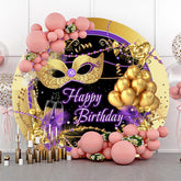 Lofaris Happy Birthday Gold Mask Balloon Round Backdrop